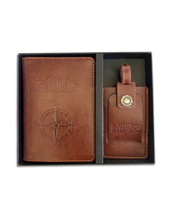 Men's Republic travel wallet and luggage tag set with sleek leather design, ideal for organizing travel essentials.