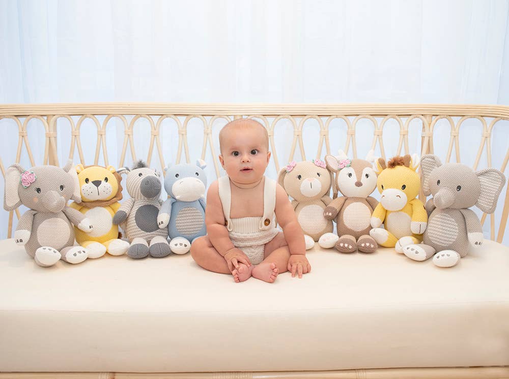 Living Textiles Mason the Elephant knitted toy, soft and plush, with detailed stitching and gentle colors, perfect for children.