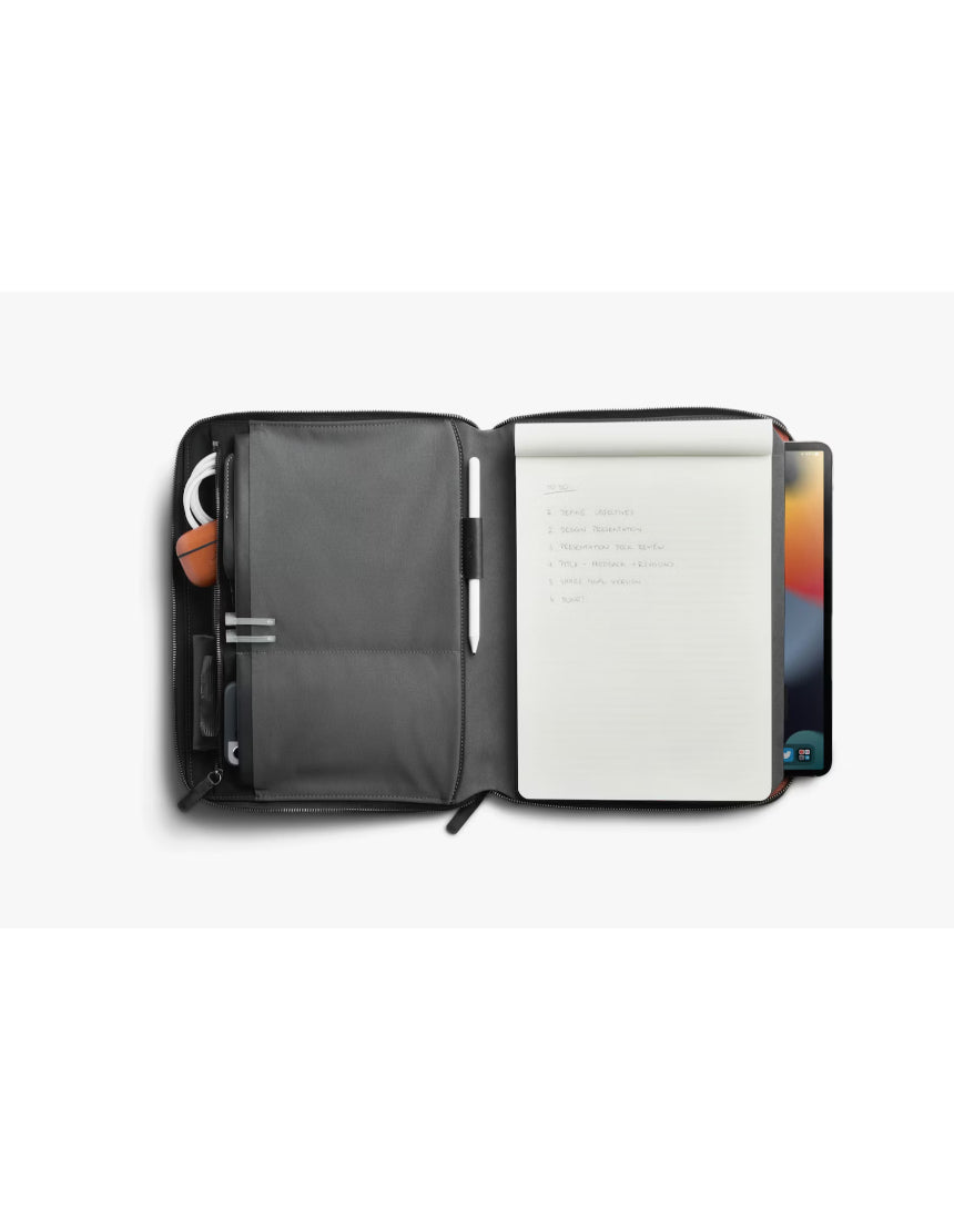 Bellroy Tokyo Folio 12.9-inch Raven leather tablet and document organizer with multiple compartments and sleek design.