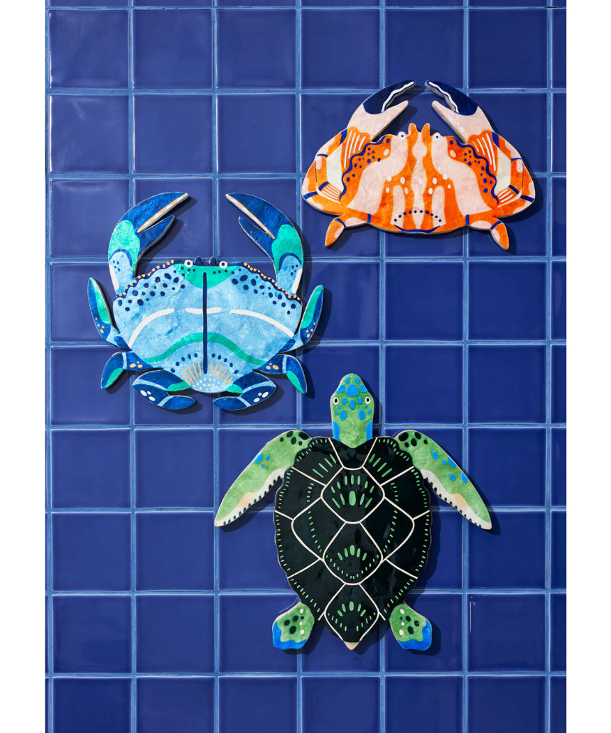 Jones & Co Beach Club Turtle wall art in green, vibrant decorative wall decor featuring a stylized turtle design.