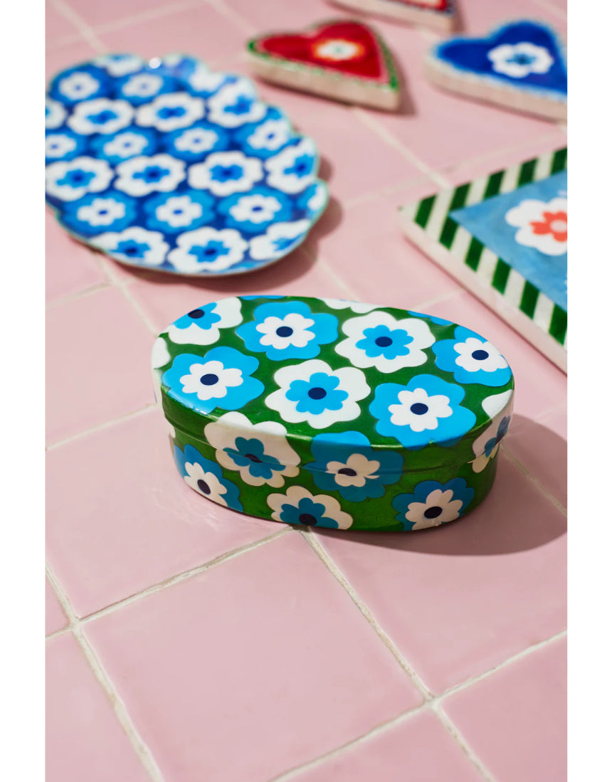Blue ceramic tray with "Poppy" design by Jones & Co, featuring intricate floral patterns and a smooth, glossy finish.