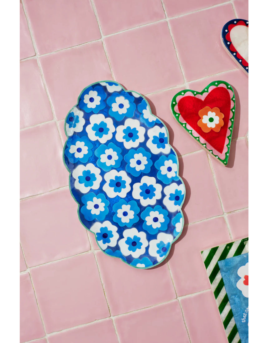 Jones & Co Poppy Blue Tray with floral design, showcasing a stylish decorative tray on a neutral background.