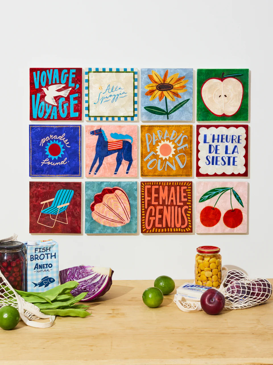 Jones & Co Superette Genius Tile wall decor featuring colorful geometric patterns and modern design elements.
