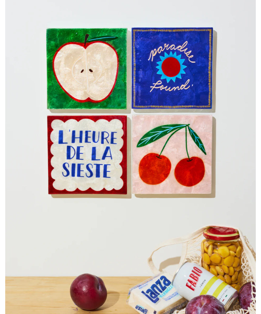 Jones & Co Superette Apple Tile wall decor featuring a vibrant, colorful apple design on a textured ceramic tile.