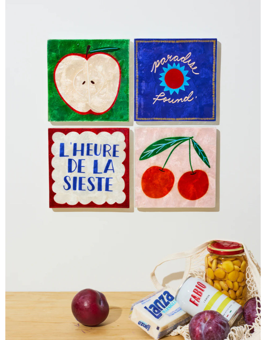 Jones & Co Superette Apple Tile wall decor featuring a vibrant, colorful apple design on a textured ceramic tile.