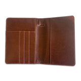 Men's Republic travel wallet and luggage tag set with sleek black leather and embossed branding, designed for secure travel organization.