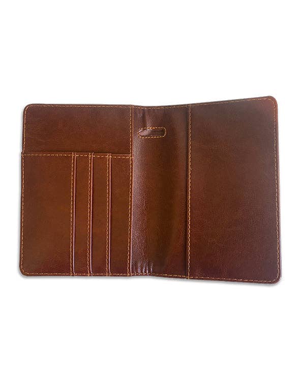 Men's Republic travel wallet and luggage tag set with sleek black leather and embossed branding, designed for secure travel organization.