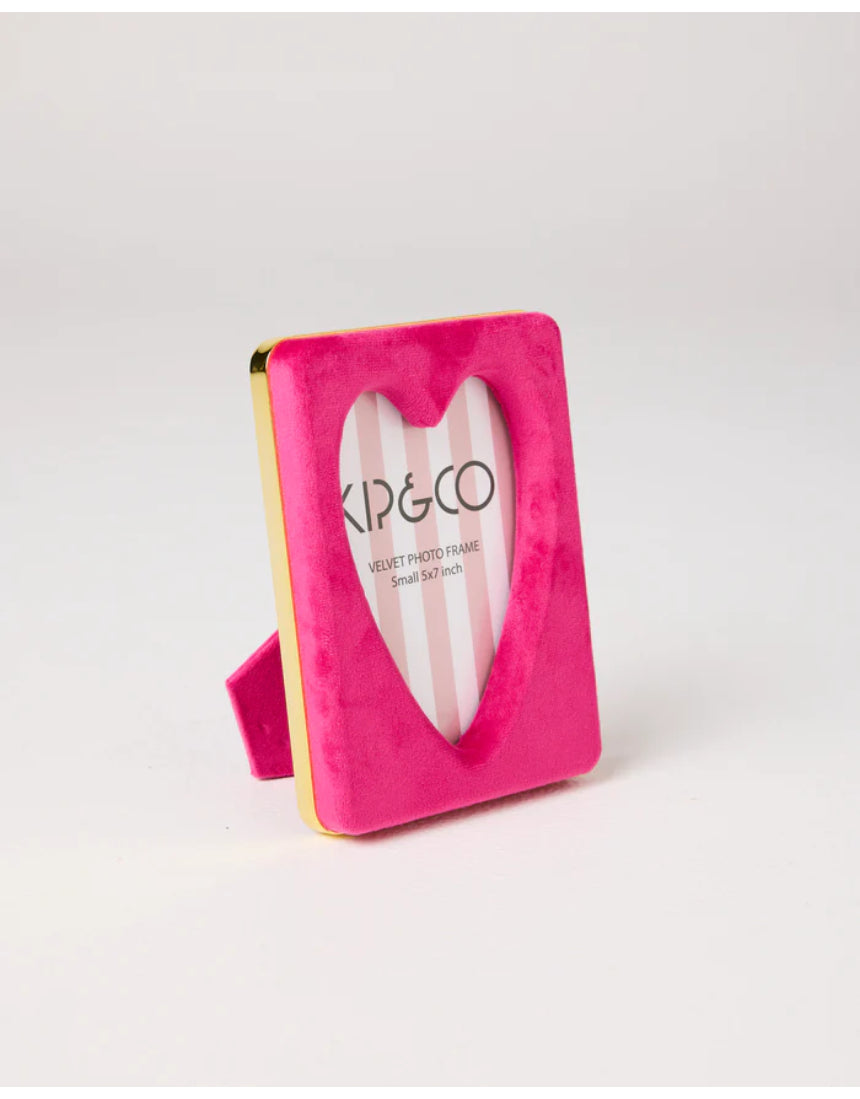 Kip & Co desert pink velvet heart picture frame with soft fabric and decorative heart detail, perfect for showcasing photos.
