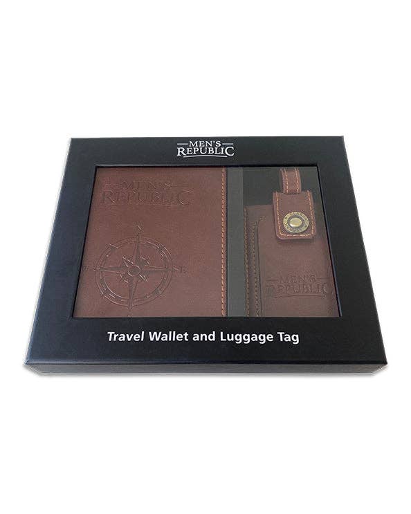 Men's Republic travel wallet and luggage tag set with sleek design, offering organized space for travel essentials and identification.