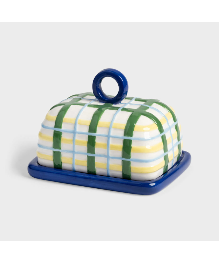 Blue plaid Klevering butter dish with a sleek design, featuring a lid and base for serving butter in style.
