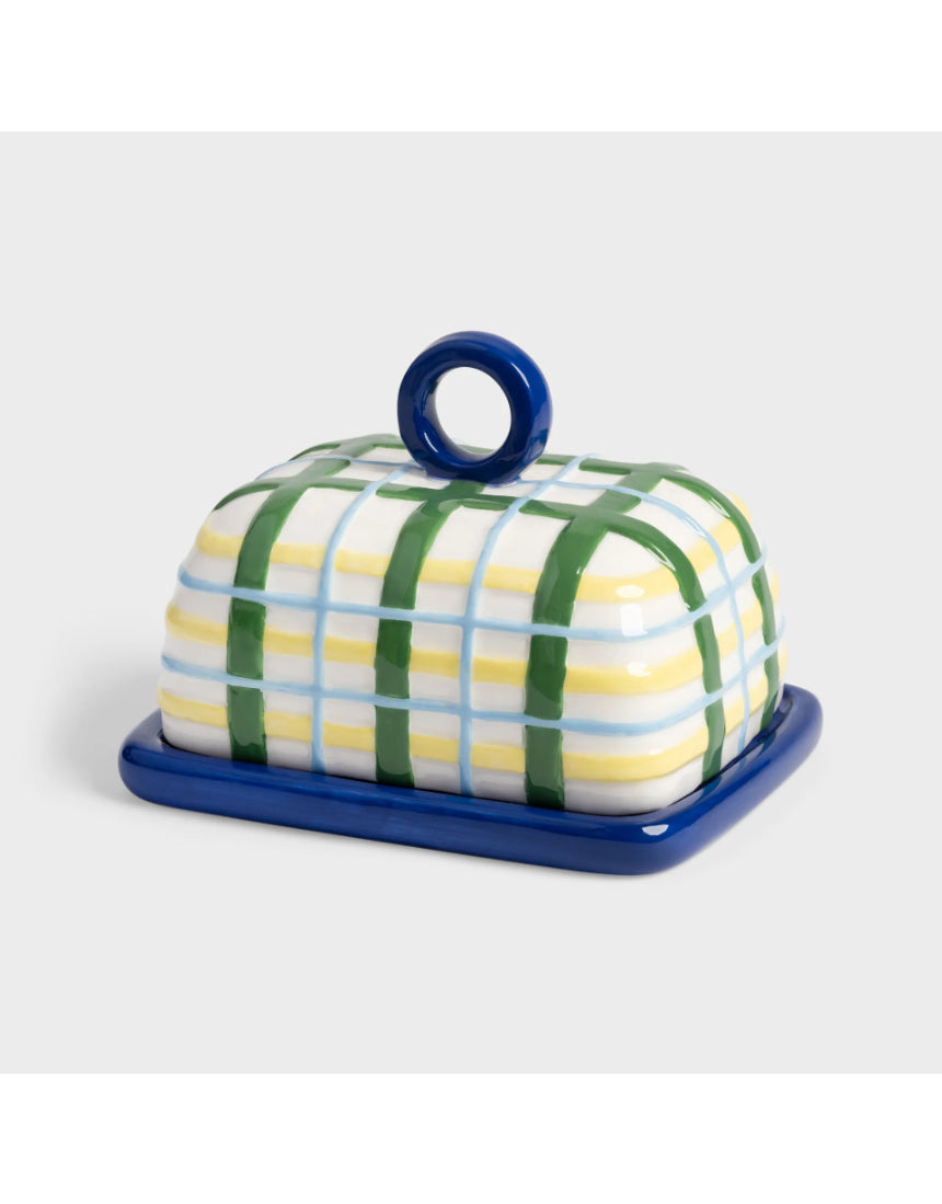 Blue plaid Klevering butter dish with a sleek design, featuring a lid and base for serving butter in style.