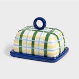 Blue plaid Klevering butter dish with a sleek design, featuring a lid and base for serving butter in style.