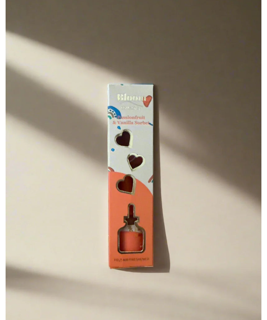 Grace & James Passionfruit & Vanilla Sorbet heart felt air freshener with vibrant pink and purple felt design and scent description.