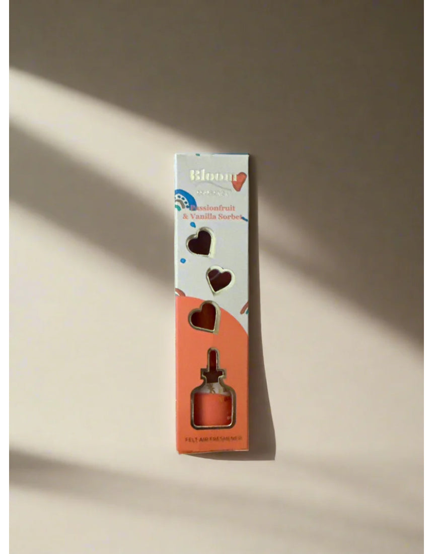 Grace & James Passionfruit & Vanilla Sorbet heart felt air freshener with vibrant pink and purple felt design and scent description.