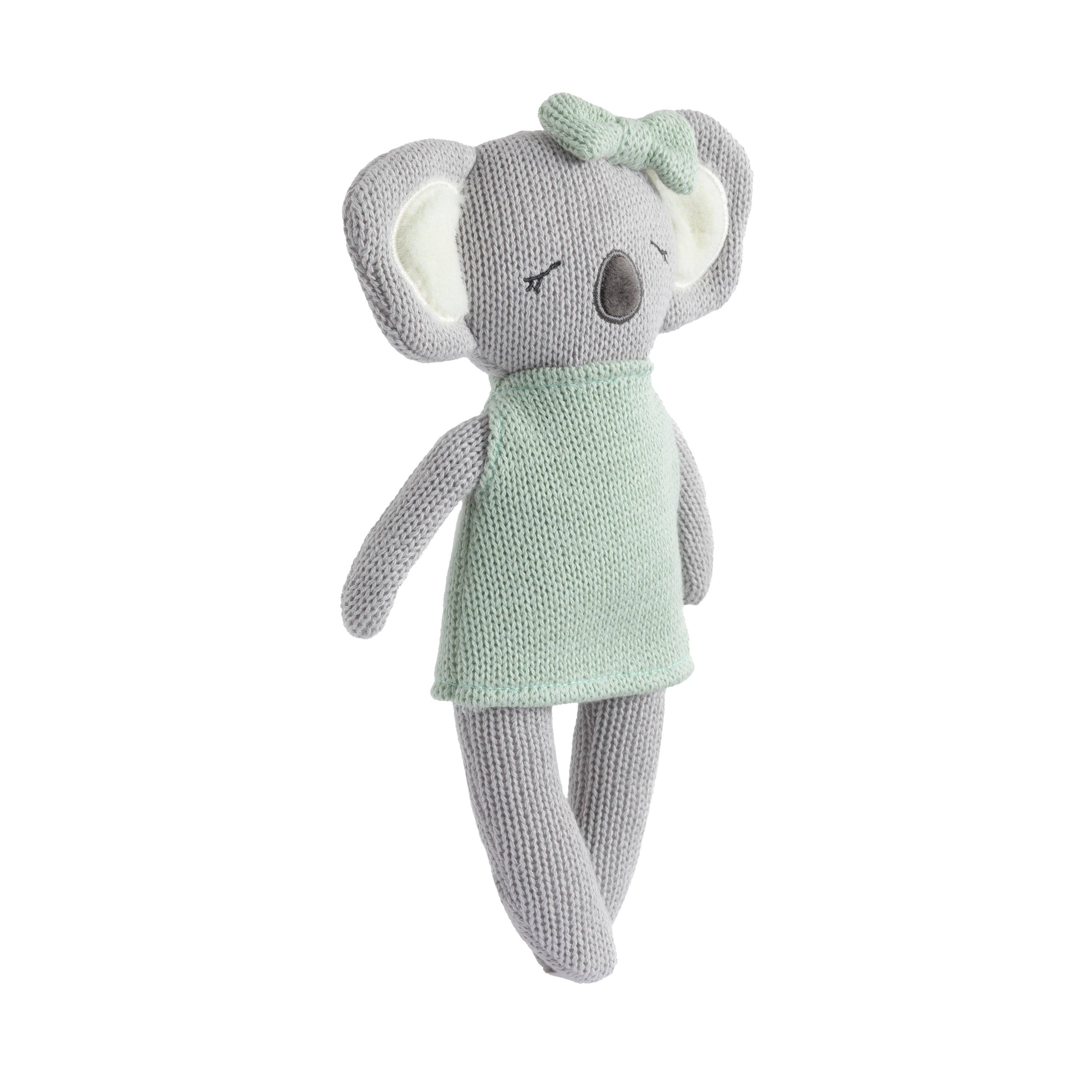 Living Textiles Kimmy the Koala knitted animal toy featuring soft yarn and adorable face, perfect for cuddling and play.