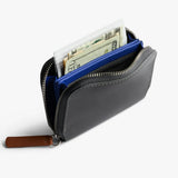 Bellroy Folio Mini wallet in charcoal and cobalt with card slots and sleek design, made for compact organization.