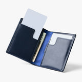 Bellroy Slim Sleeve wallet in navy color, slim leather wallet with card slots and minimalist design.