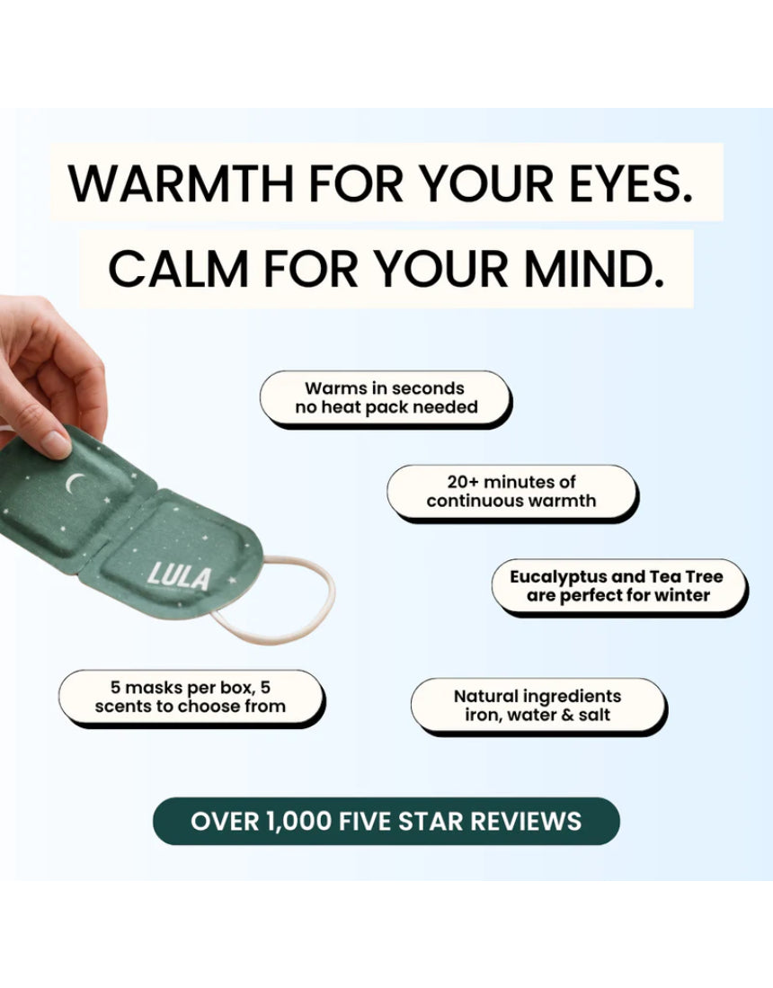 Lula self-warming eye mask with eucalyptus and tea tree, shown on a person’s closed eyes for relaxation and soothing relief.