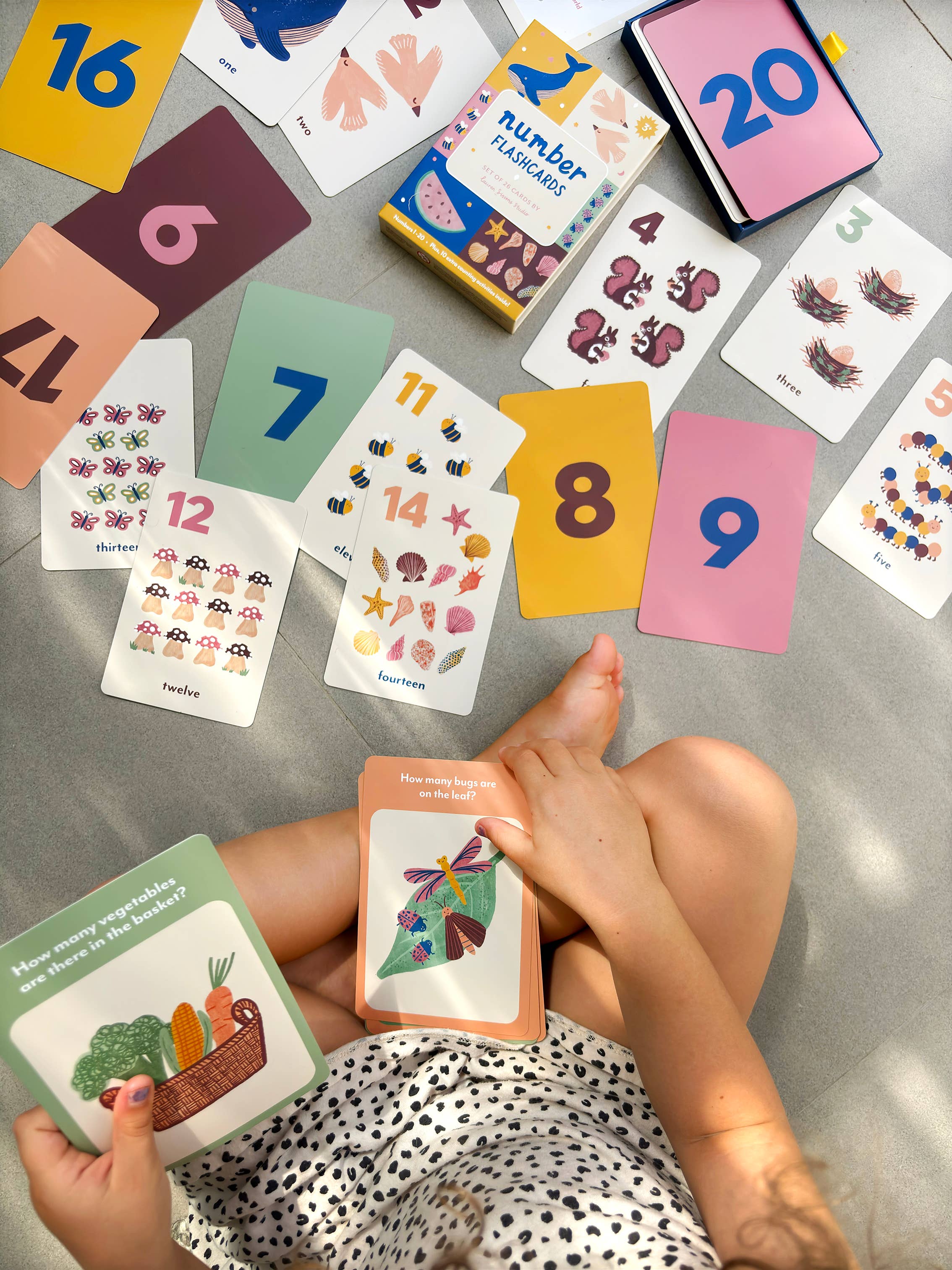 Lauren Sissons Studio illustrated number flashcards with colorful numbered cards for early learning and number recognition.