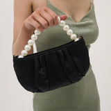 Black Victoria Satin Pearl Strap Bag by Angels Whisper Accessories, featuring elegant satin material and pearl accents.