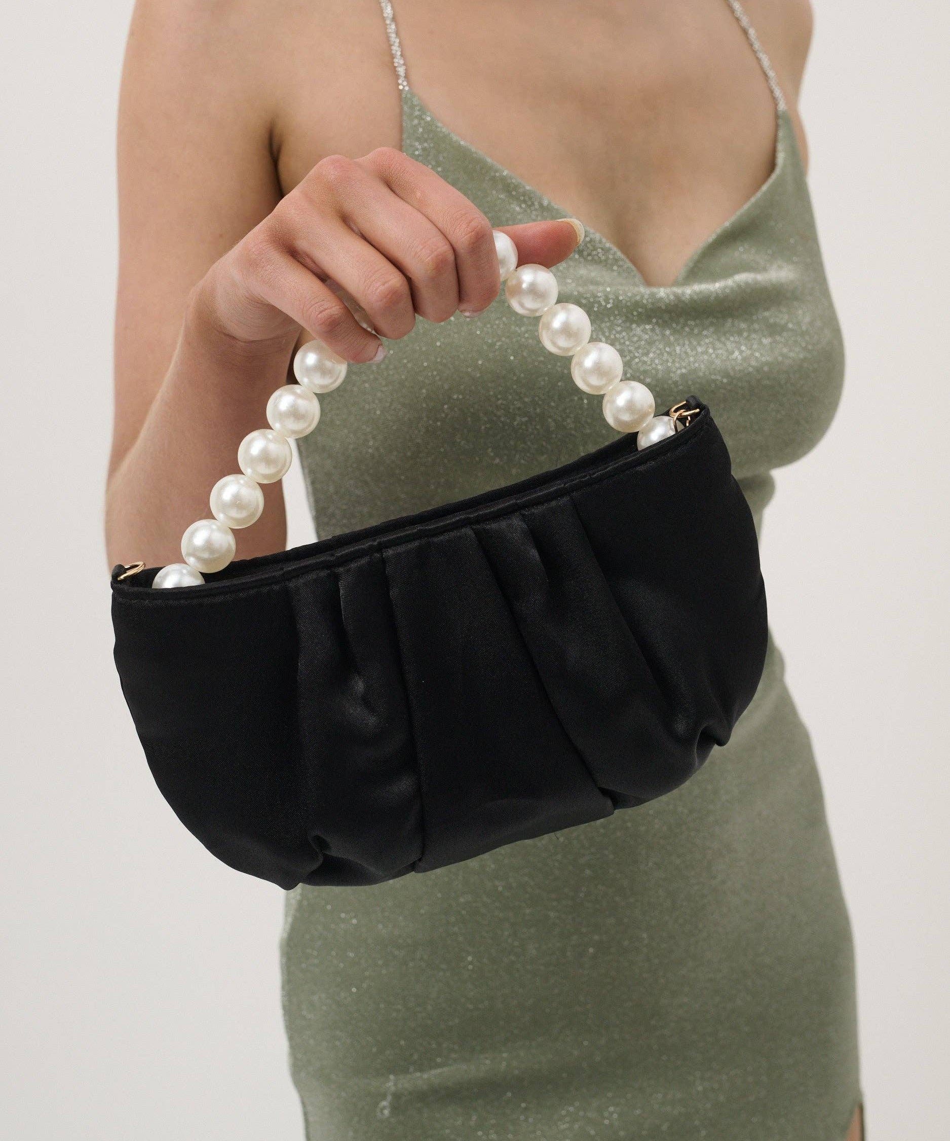 Black Victoria Satin Pearl Strap Bag by Angels Whisper Accessories, featuring elegant satin material and pearl accents.