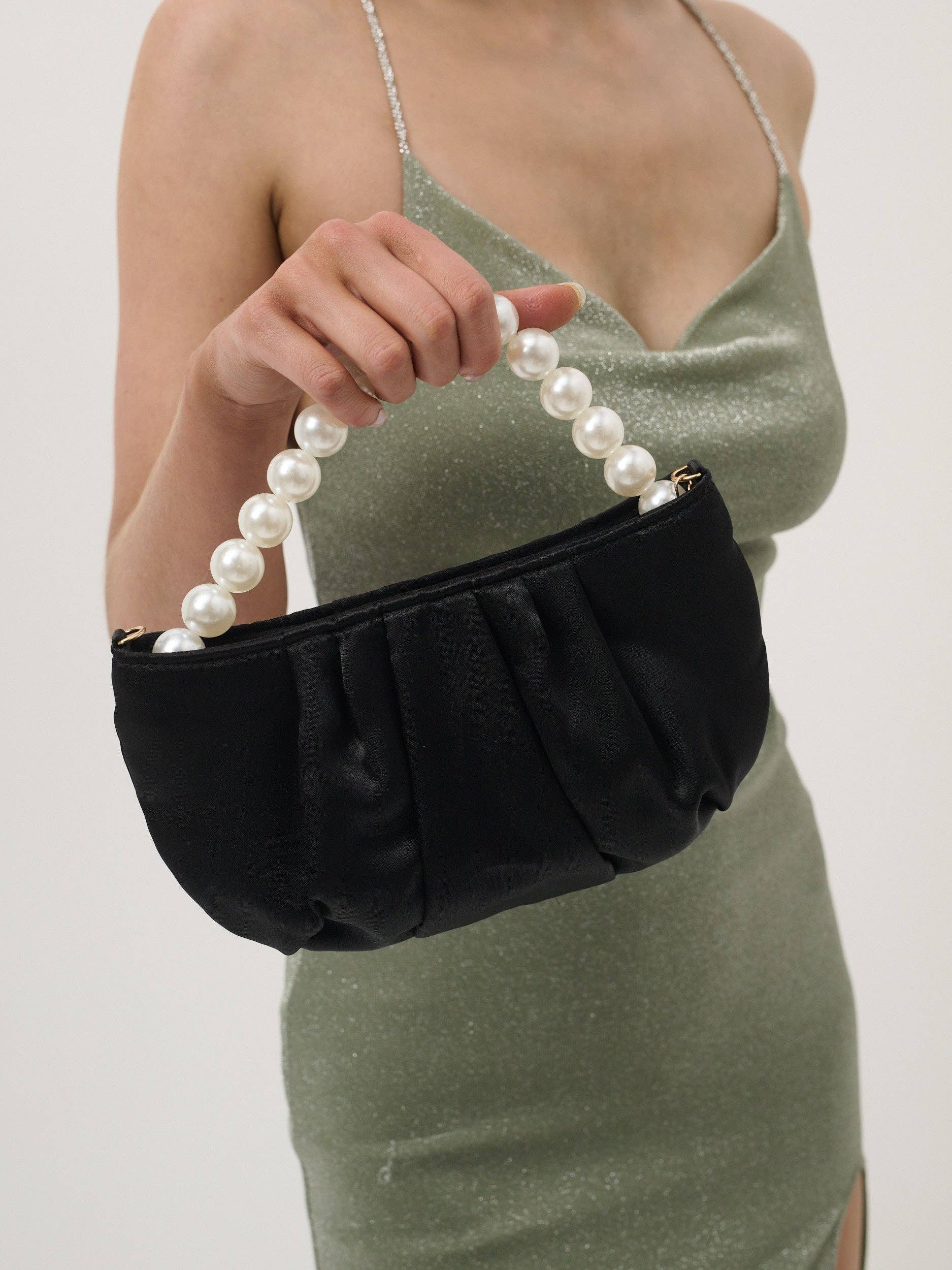 Black Victoria Satin Pearl Strap Bag by Angels Whisper Accessories, featuring elegant satin material and pearl accents.