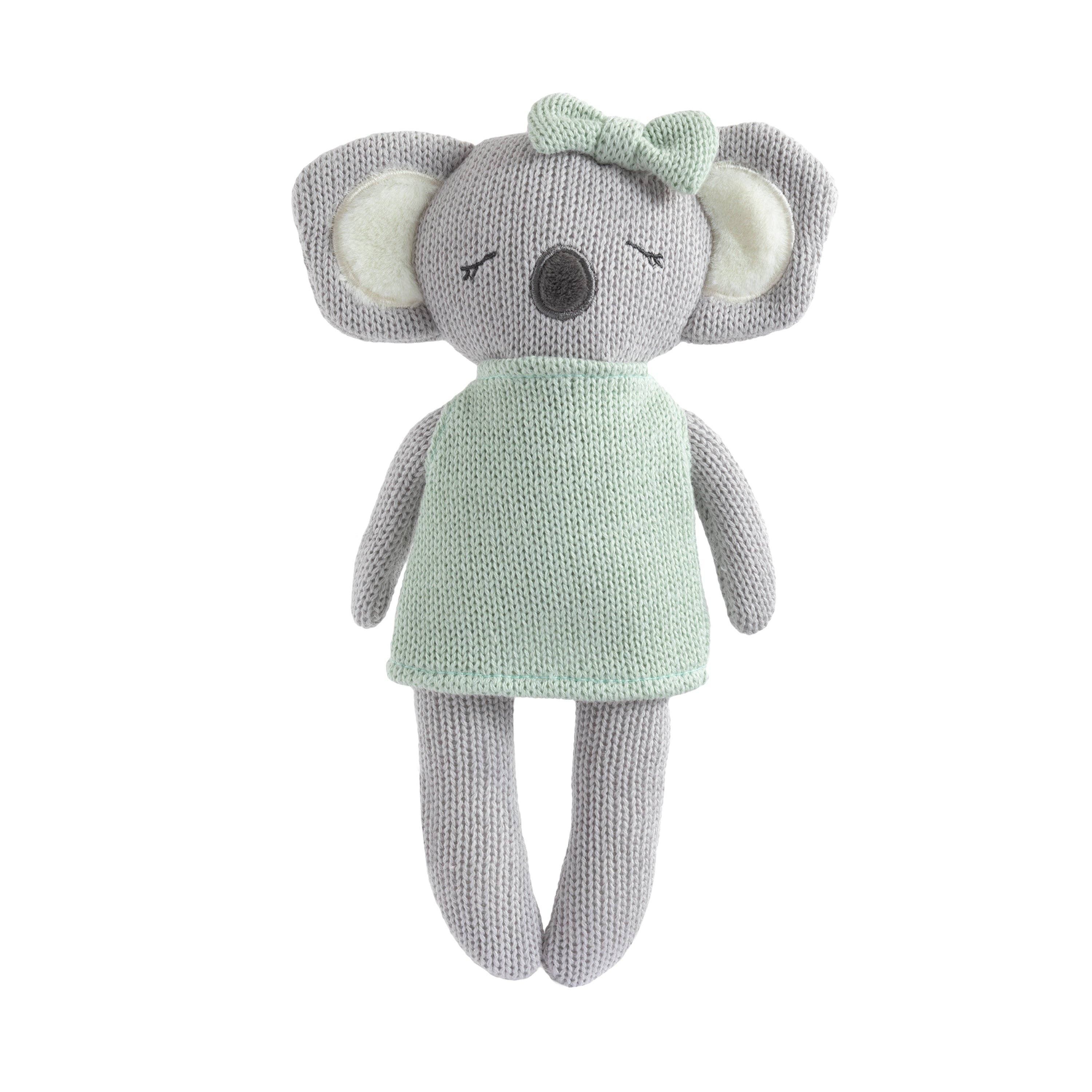 Living Textiles Kimmy the Koala knitted animal toy with soft, detailed features and plush texture, ideal for children.