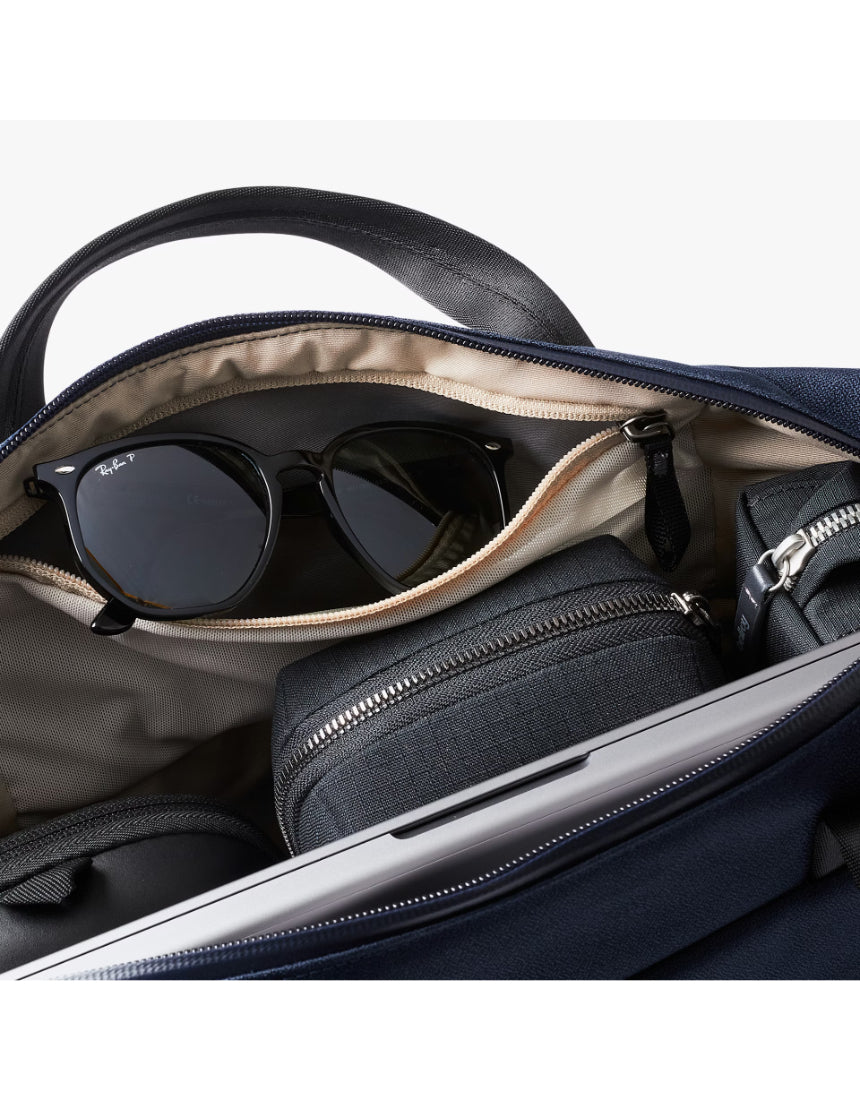 Bellroy Via Work Bag in navy color showing front view with handles and main zipper closure, made for professional use.