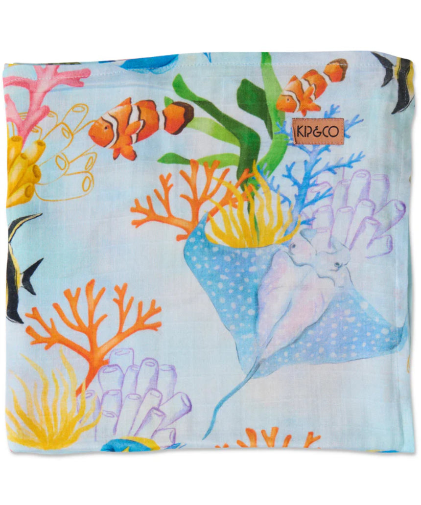 Kip & Co Reef Life bamboo swaddle with vibrant reef-themed print, soft and lightweight fabric for baby comfort.