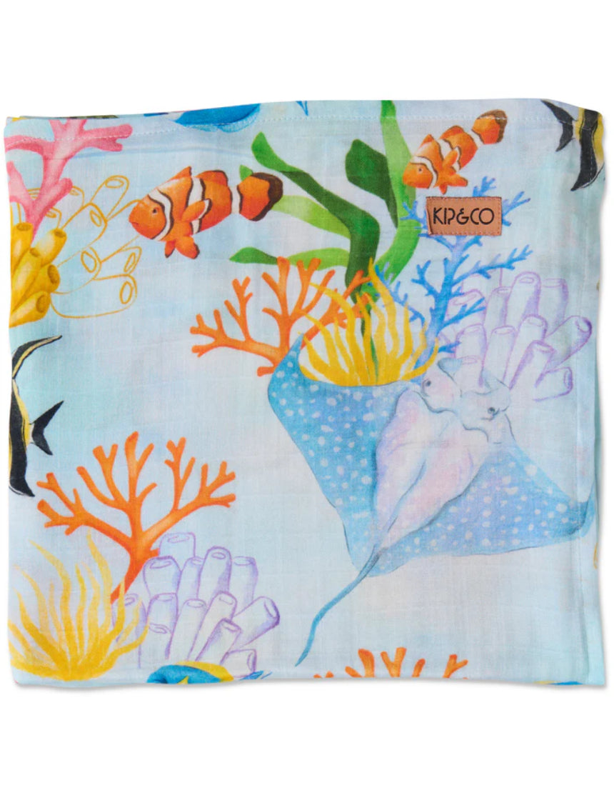 Kip & Co Reef Life bamboo swaddle with vibrant reef-themed print, soft and lightweight fabric for baby comfort.