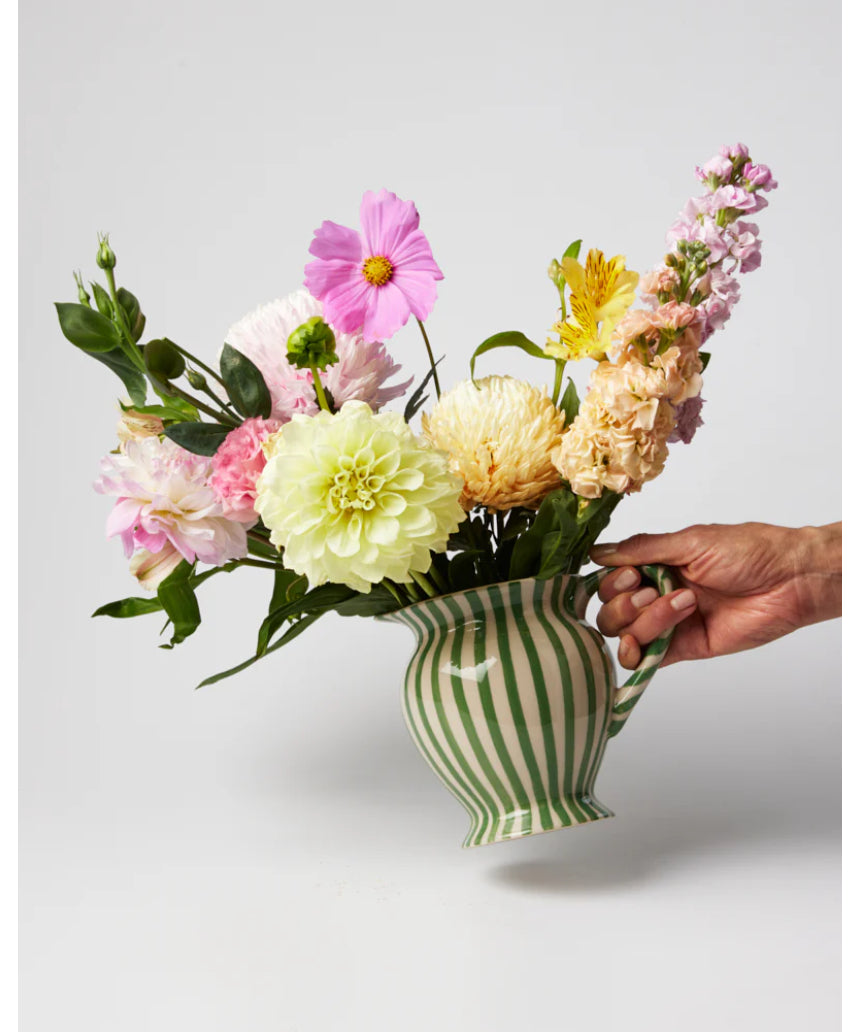 Jones & Co green striped vase pitcher with a smooth ceramic finish and elegant design, perfect for home decor.