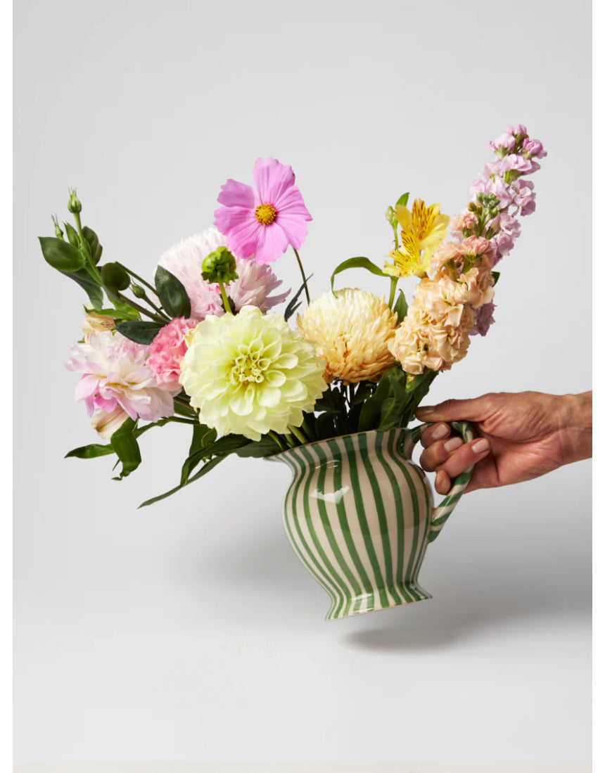 Jones & Co green striped vase pitcher with a smooth ceramic finish and elegant design, perfect for home decor.