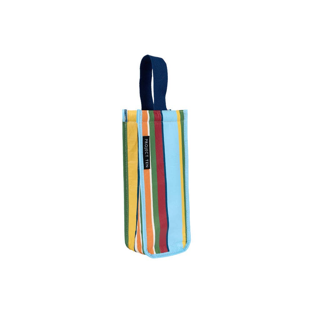 Retro Stripe Wine Bag by Project Ten Pty Ltd, featuring colorful retro stripe design and durable fabric for wine bottle transport.