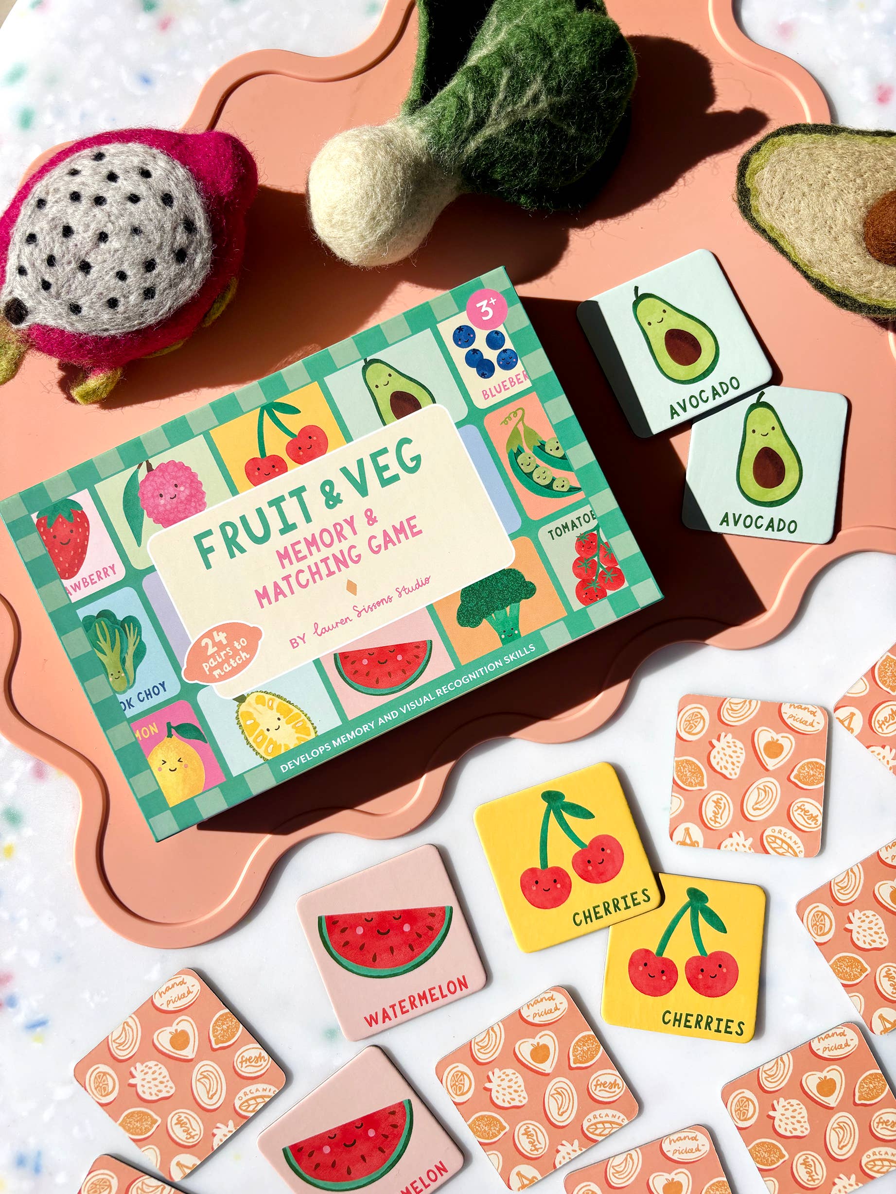 Lauren Sissons Studio fruit and vegetable memory and matching game featuring colorful illustrated cards for children.