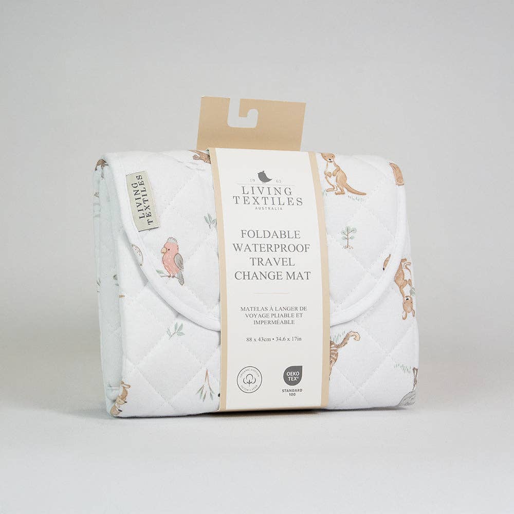 Living Textiles waterproof travel change mat featuring Australiana-themed fabric, portable and ideal for baby diaper changes.