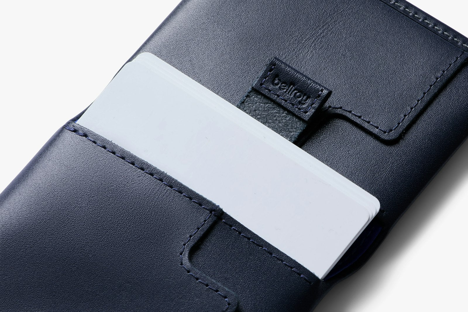 Bellroy Slim Sleeve wallet in navy color, featuring a sleek leather design with multiple card slots and a slim profile.
