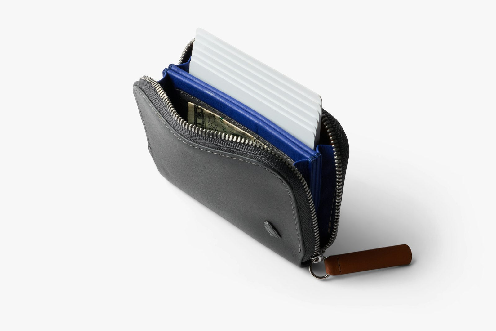 Bellroy Folio Mini wallet in charcoal cobalt, featuring a sleek leather design with card slots and a cash pocket.