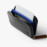 Bellroy Folio Mini wallet in charcoal cobalt, featuring a sleek leather design with card slots and a cash pocket.