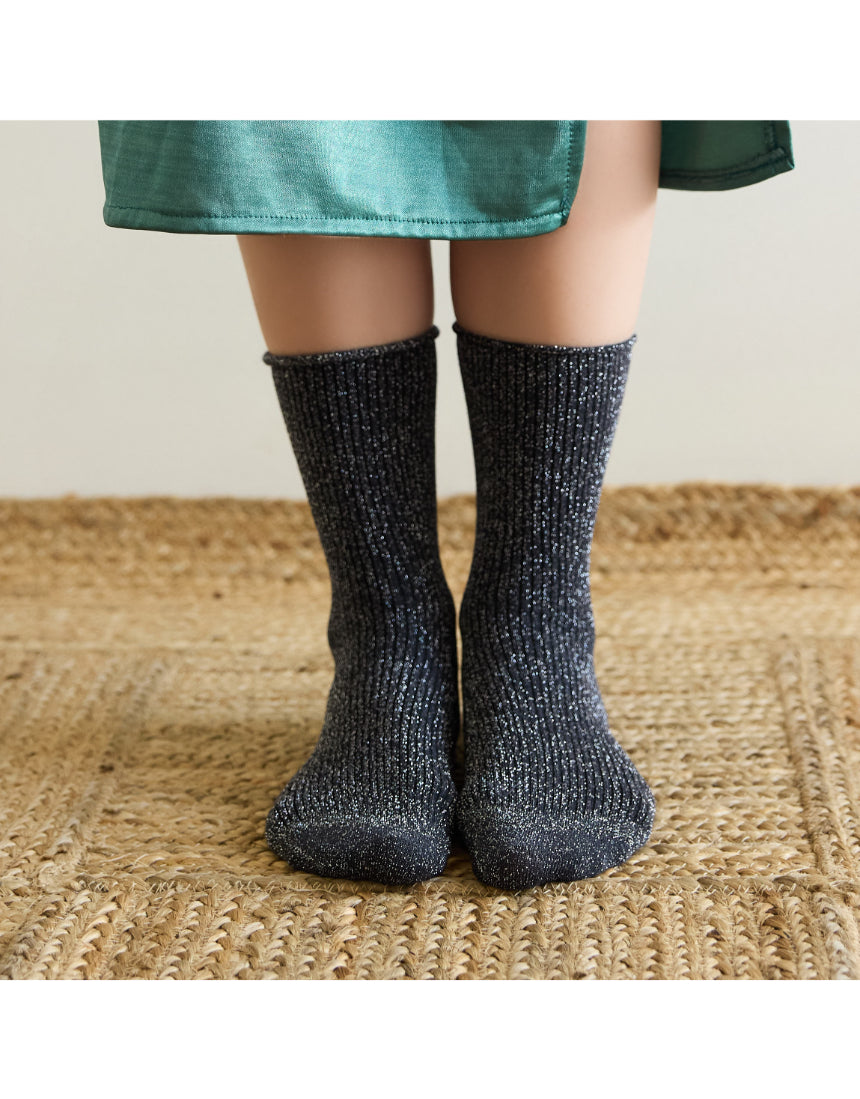 Grey glitter lurex socks by Klue featuring a shiny, textured design and comfortable fit, perfect for stylish casual wear.