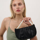 Victoria satin pearl strap bag by Angels Whisper Accessories in black, featuring a sleek satin finish and elegant pearl strap design.
