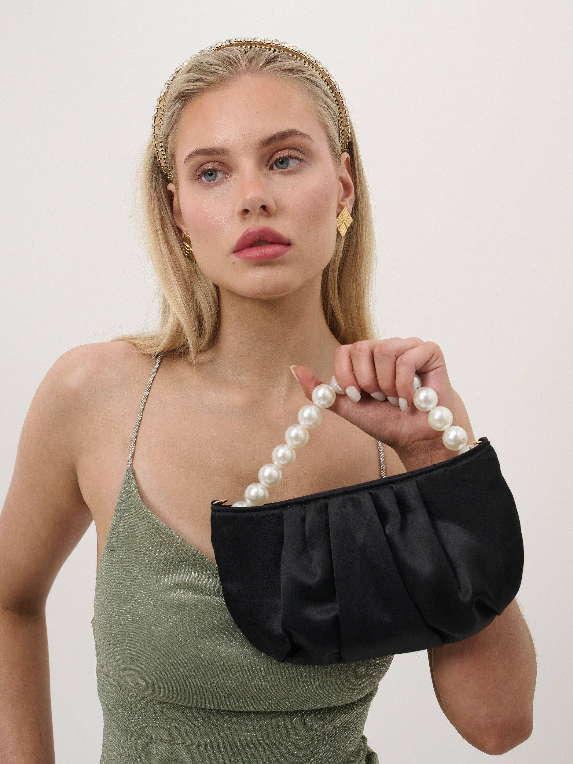 Victoria satin pearl strap bag by Angels Whisper Accessories in black, featuring a sleek satin finish and elegant pearl strap design.