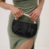 Black Victoria Satin Pearl Strap Bag by Angels Whisper Accessories with elegant pearl accents and stylish satin finish.
