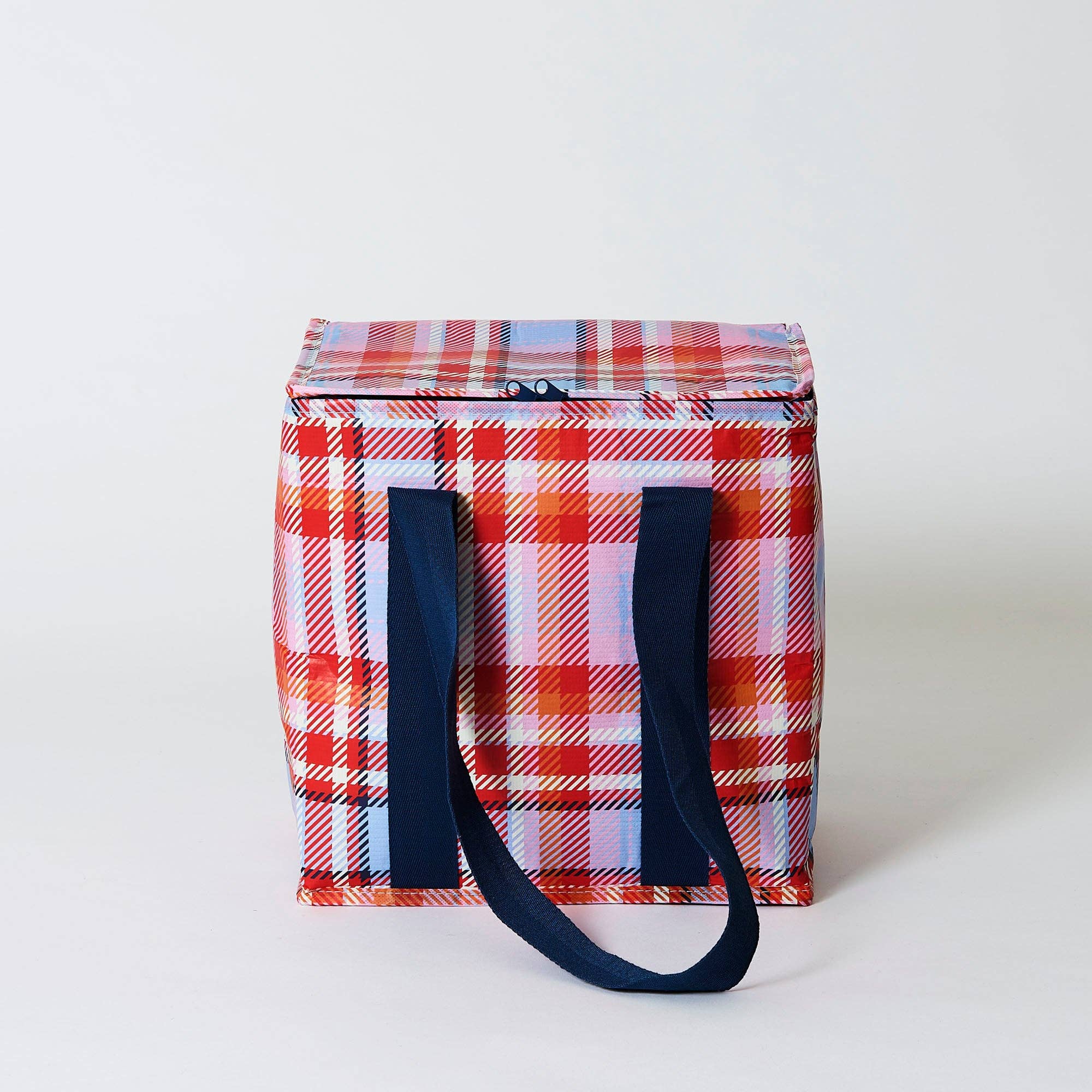 Tartan medium insulated tote bag by Project Ten Pty Ltd with handles, showing its insulated interior and stylish tartan pattern.
