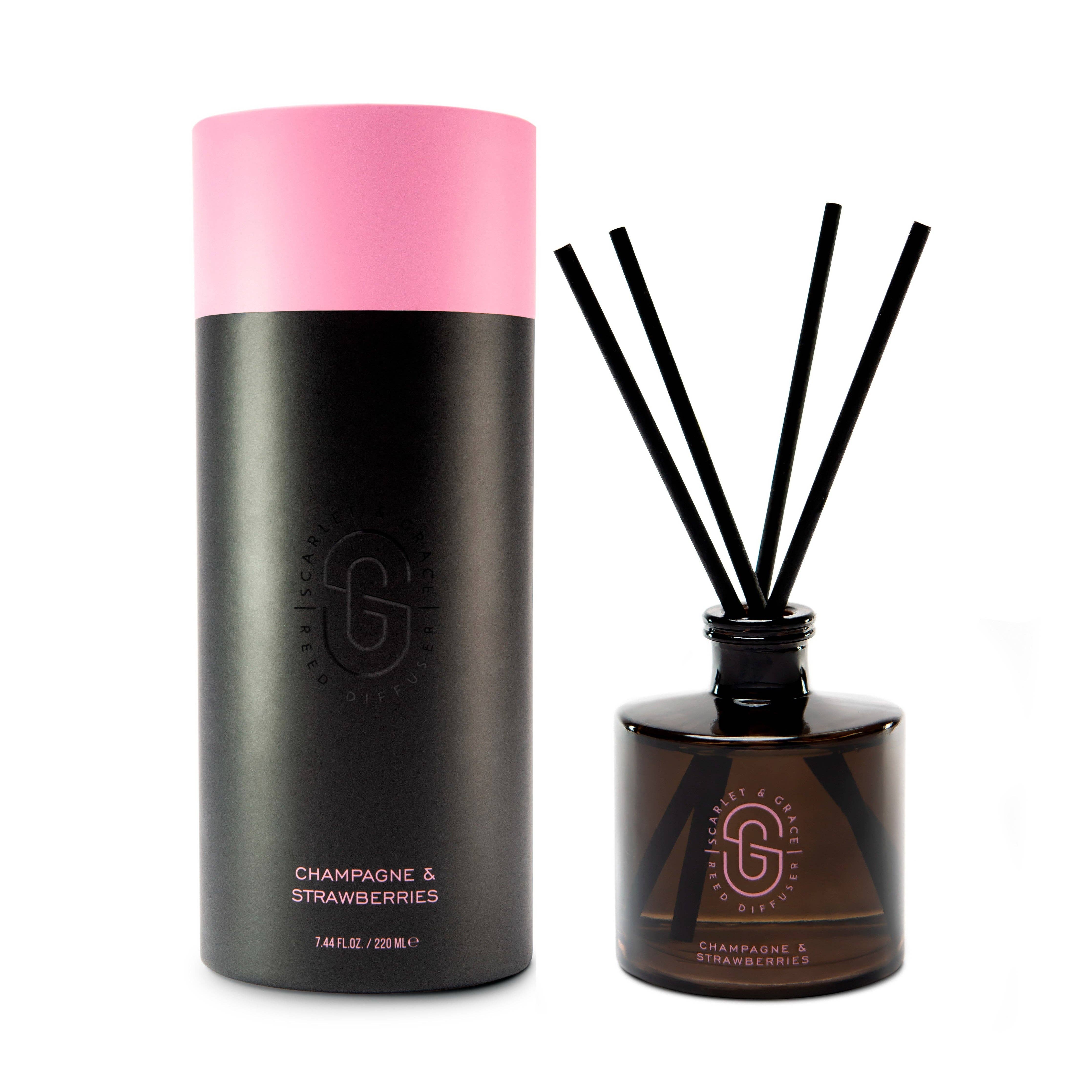 Scarlet & Grace Champagne & Strawberries 220ML diffuser bottle with a sleek design and elegant packaging.