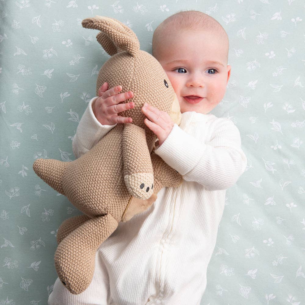 Living Textiles knitted toy Kylie the Kangaroo, soft plush kangaroo stuffed animal for children, detailed knitting and cute features.