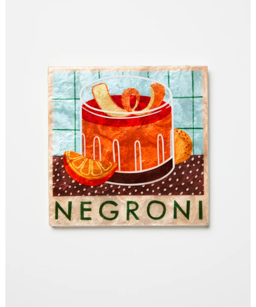Jones & Co Happy Hour Negroni Tile wall decor featuring a colorful, stylish design with a Negroni cocktail illustration.