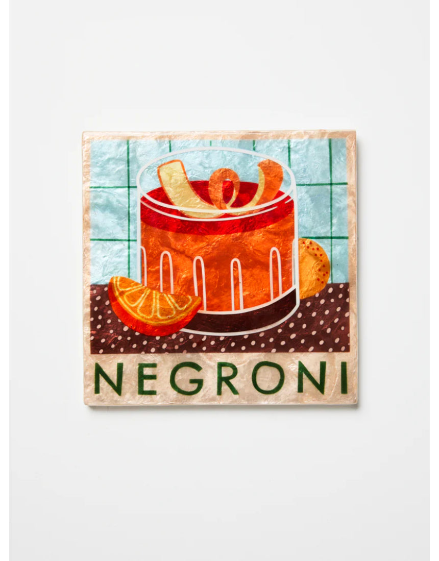 Jones & Co Happy Hour Negroni Tile wall decor featuring a colorful, stylish design with a Negroni cocktail illustration.