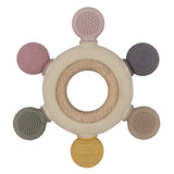 Living Textiles multi-surface teething wheel in rose color, featuring soft silicone textures for soothing baby teething needs.