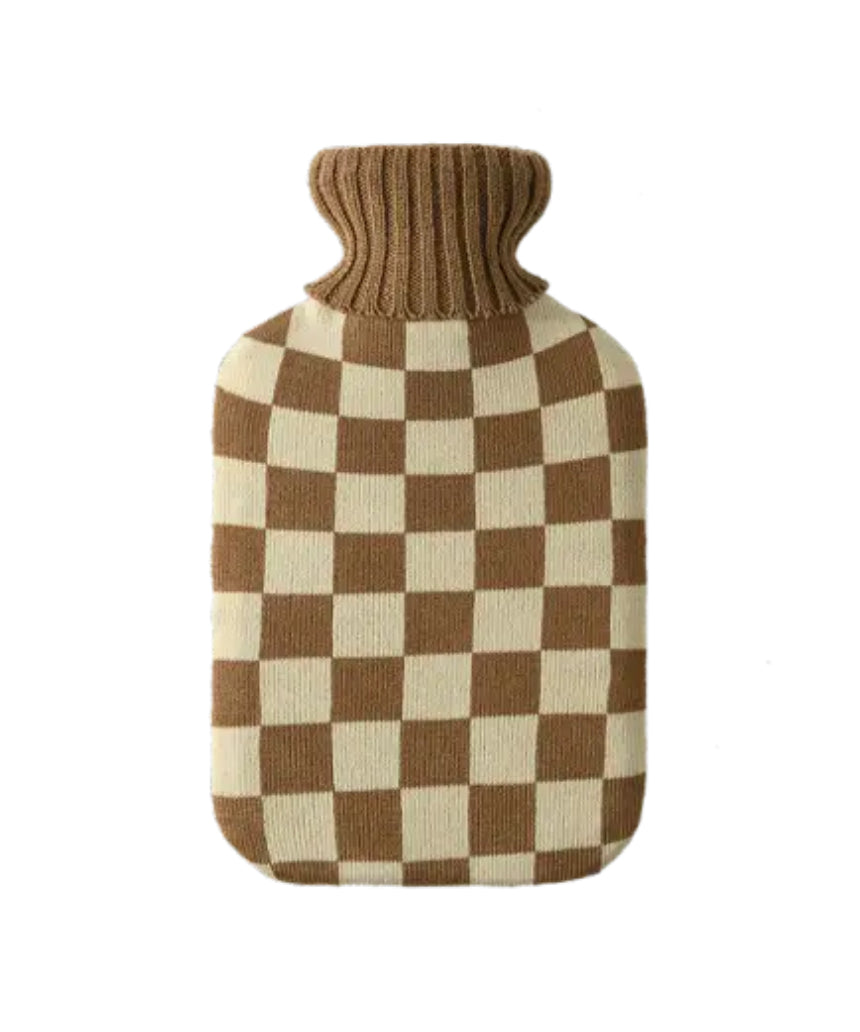 Casa Rolio hot water bottle with mocha cover, soft fabric exterior and rounded shape for warmth and comfort.