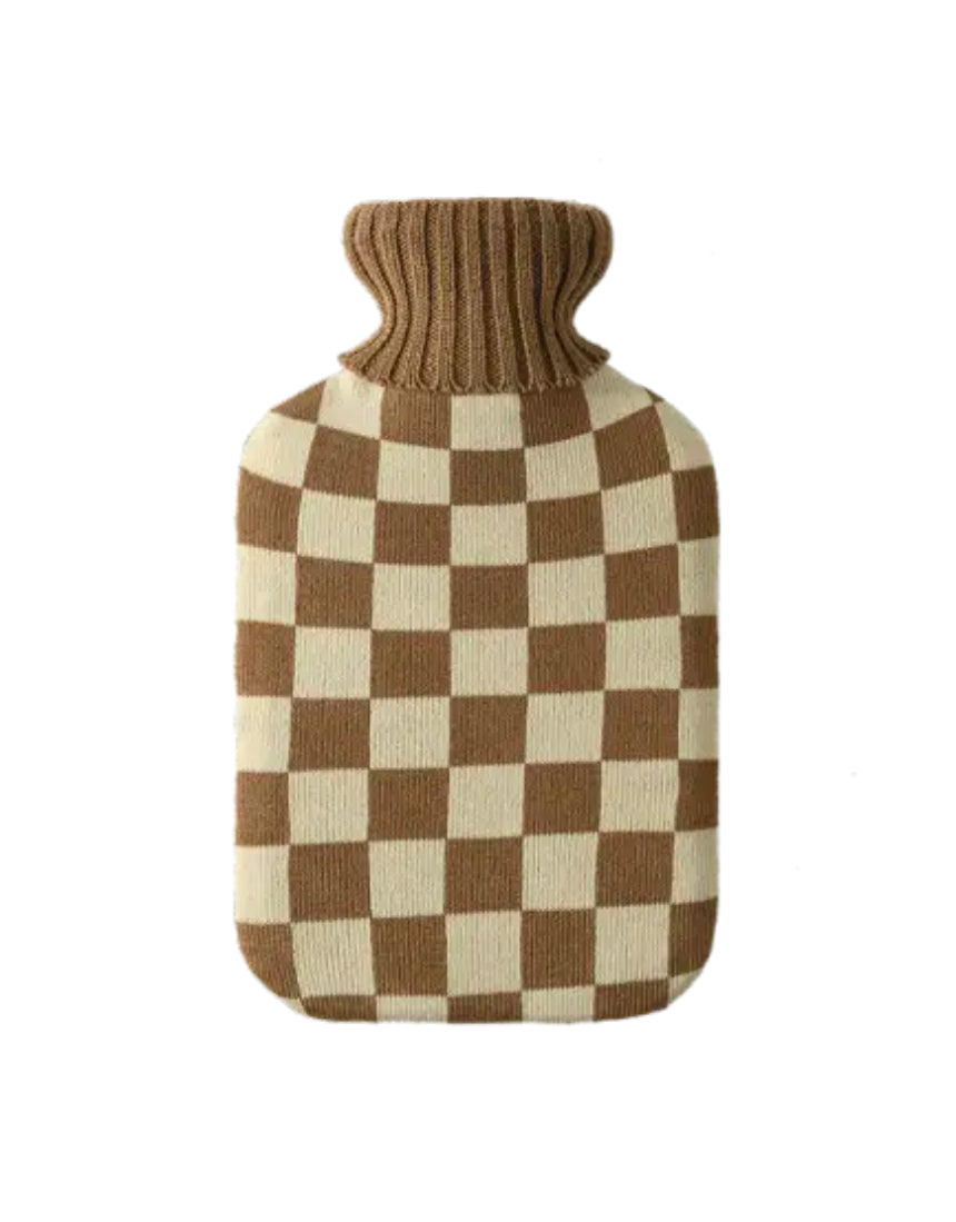 Casa Rolio hot water bottle with mocha cover, soft fabric exterior and rounded shape for warmth and comfort.